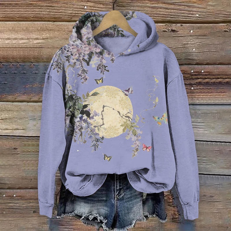 Japanese Vintage Blossom & Butterfly Art Print Long Sleeve Hoodie - Purple - US44-46(8XL) - image 2