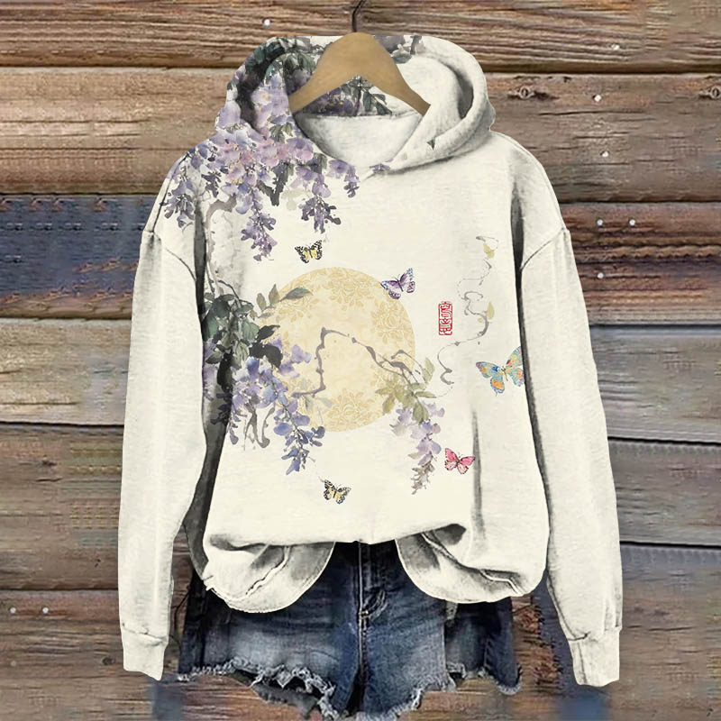 Japanese Vintage Blossom & Butterfly Art Print Long Sleeve Hoodie - Beige - US44-46(8XL) - image 1