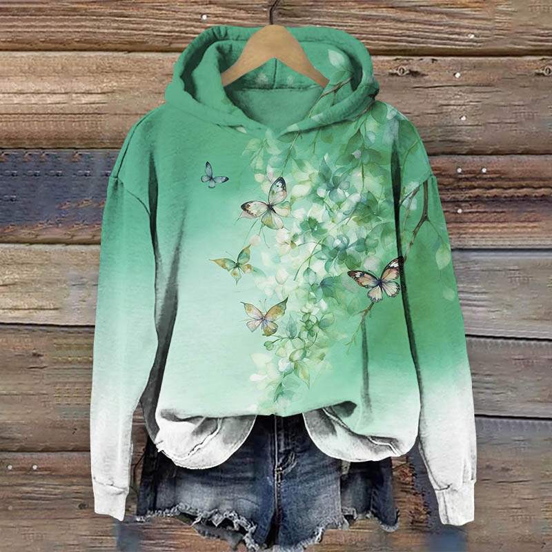 Fantasy Romantic Floral & Butterfly Art Print Long Sleeve Hoodie - Green - US44-46(8XL) - image 2