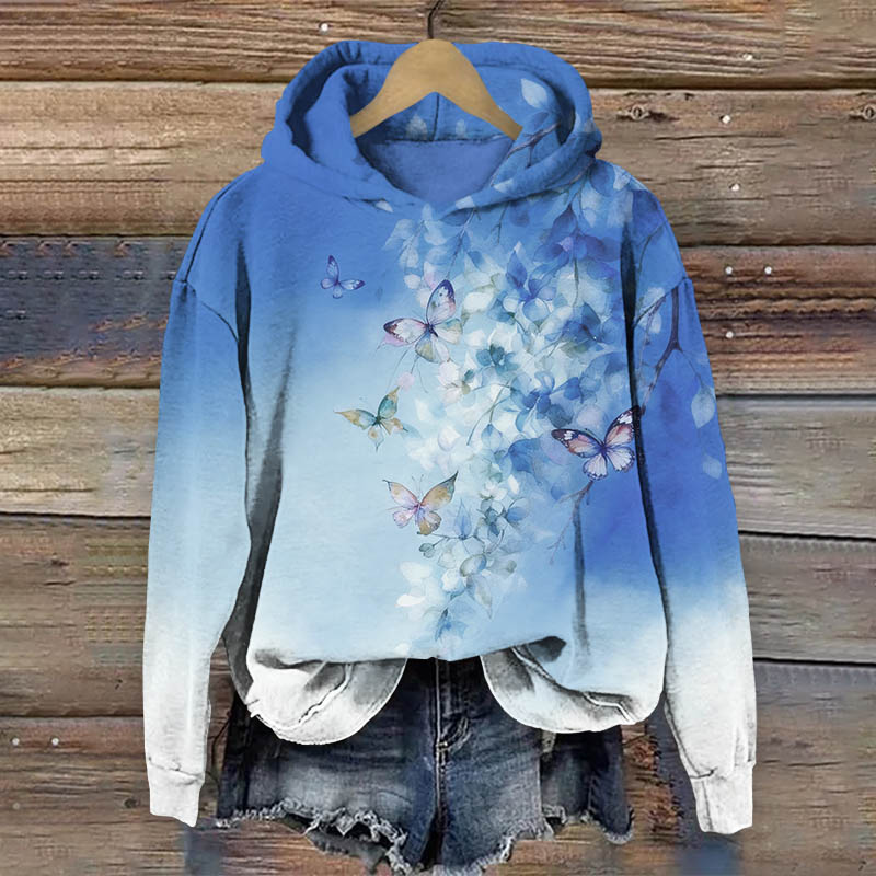 Fantasy Romantic Floral & Butterfly Art Print Long Sleeve Hoodie - Blue - US44-46(8XL) - image 1