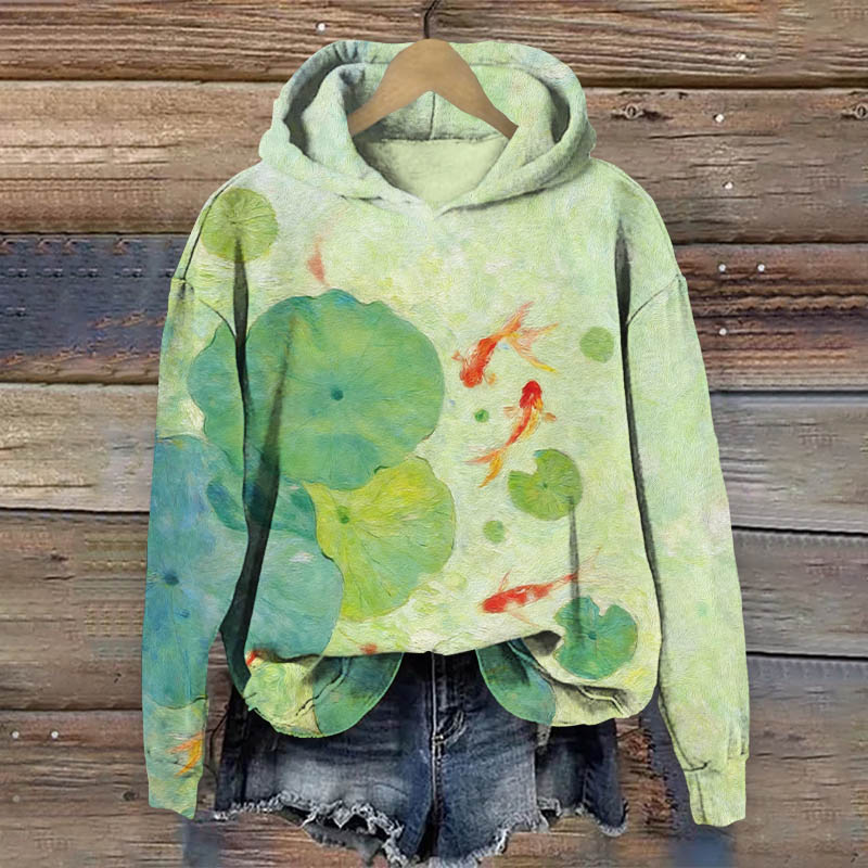 Oil Painting Goldfish In Lotus Pond Art Print Long Sleeve Hoodie - Green - US44-46(8XL) - image 1