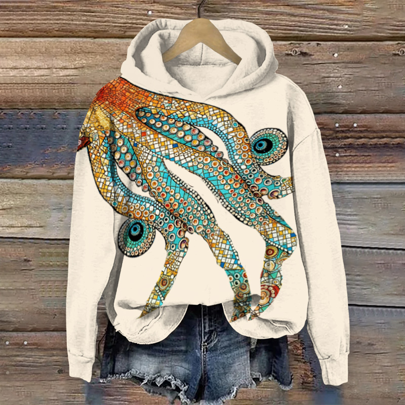 Retro Ethnic Gemstone Octopus Tentacles Art Print Long Sleeve Hoodie - Beige - US44-46(8XL) - image 3