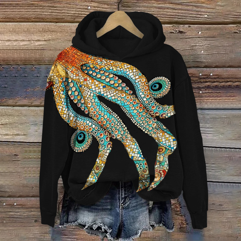 Retro Ethnic Gemstone Octopus Tentacles Art Print Long Sleeve Hoodie - Black - US44-46(8XL) - image 2