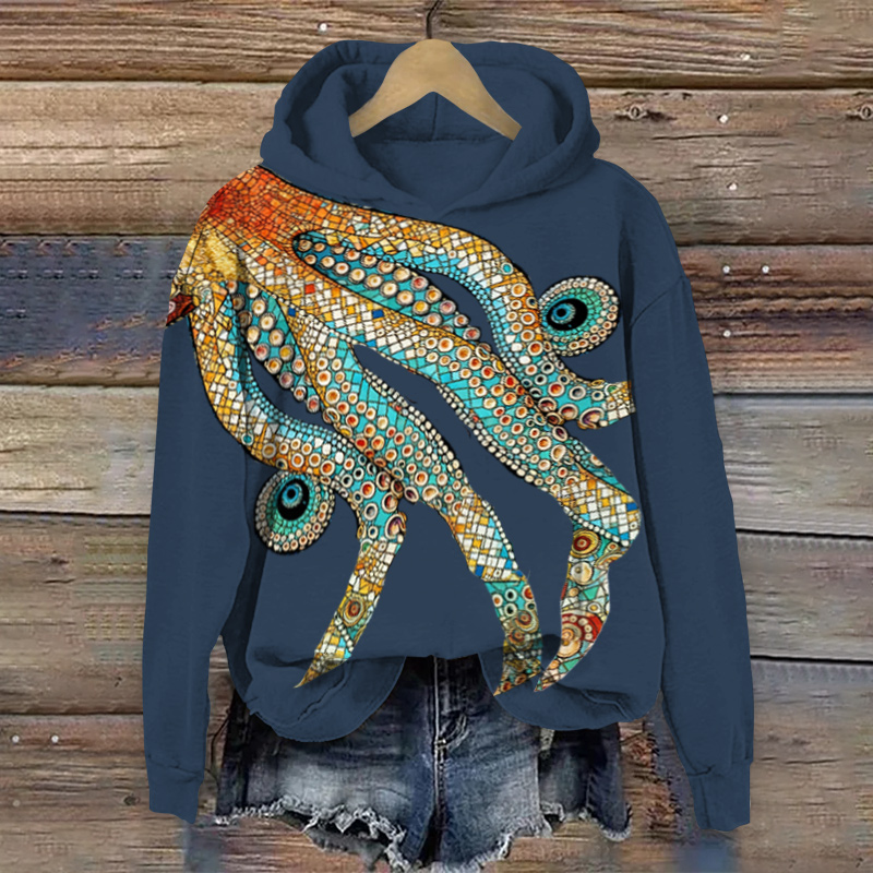 Retro Ethnic Gemstone Octopus Tentacles Art Print Long Sleeve Hoodie - Dark Blue - US44-46(8XL) - image 1