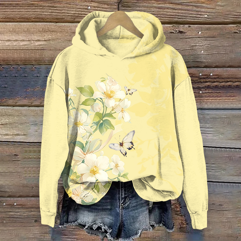 Spring Blossoms & Butterfly Art Print Long Sleeve Hoodie - Yellow - US44-46(8XL) - image 2