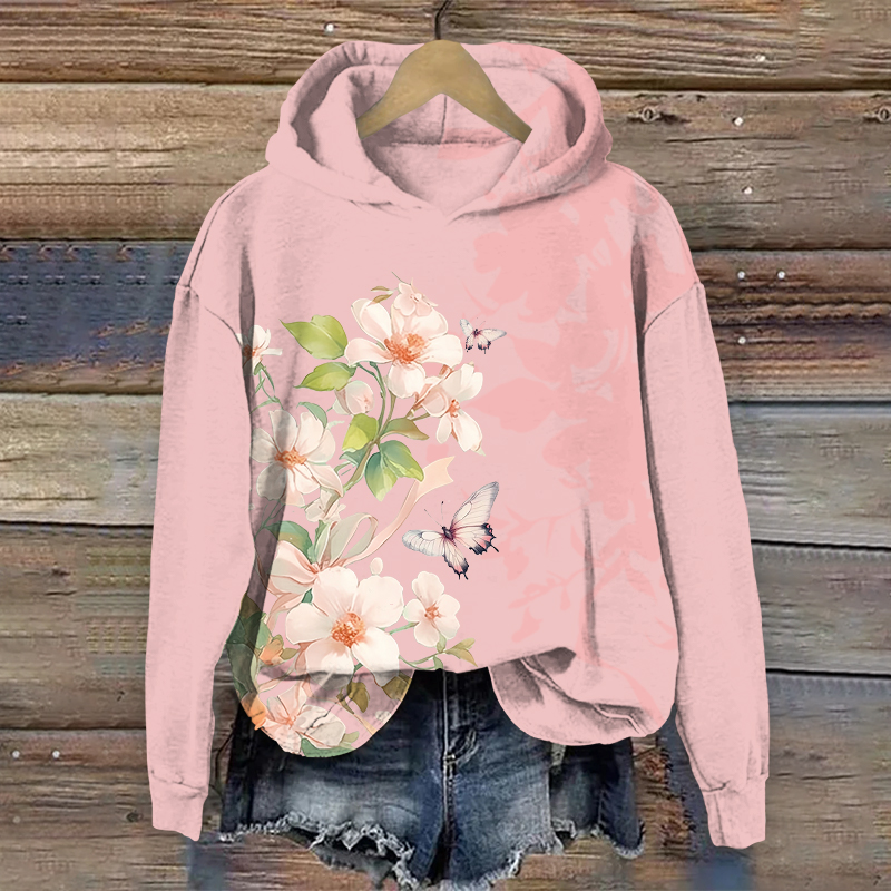 Spring Blossoms & Butterfly Art Print Long Sleeve Hoodie - Pink - US44-46(8XL) - image 1