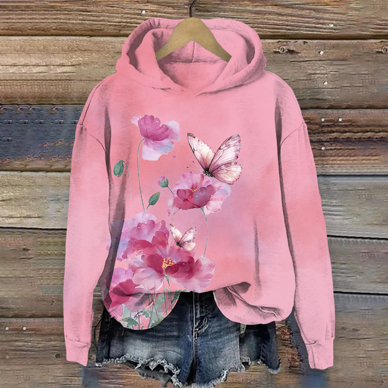 Vintage Vivid Watercolor Floral Art Print Long Sleeve Hoodie - Pink - US44-46(8XL) - image 2