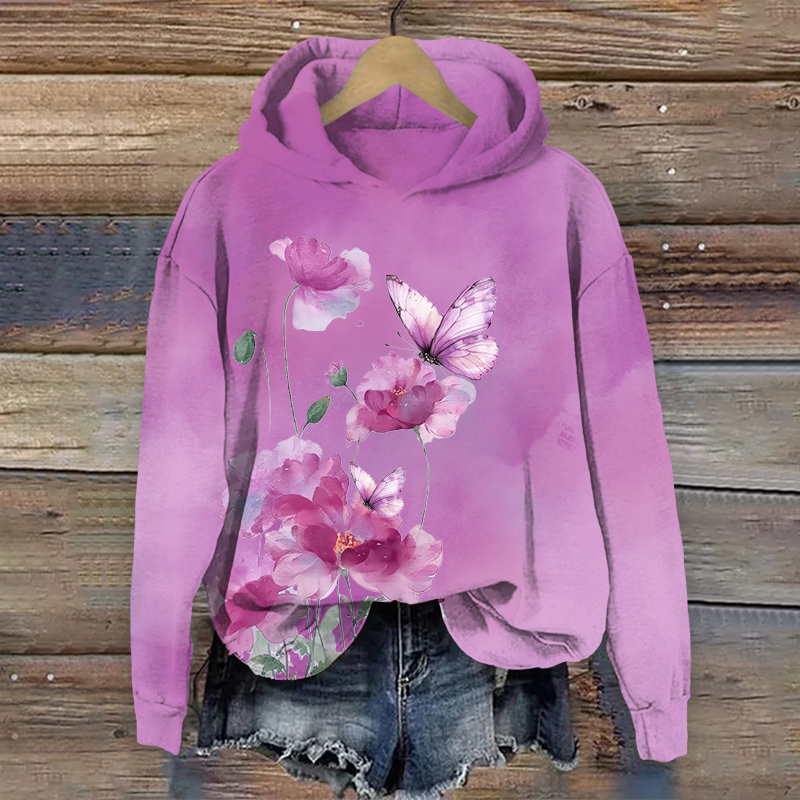Vintage Vivid Watercolor Floral Art Print Long Sleeve Hoodie - Purple - US44-46(8XL) - image 1