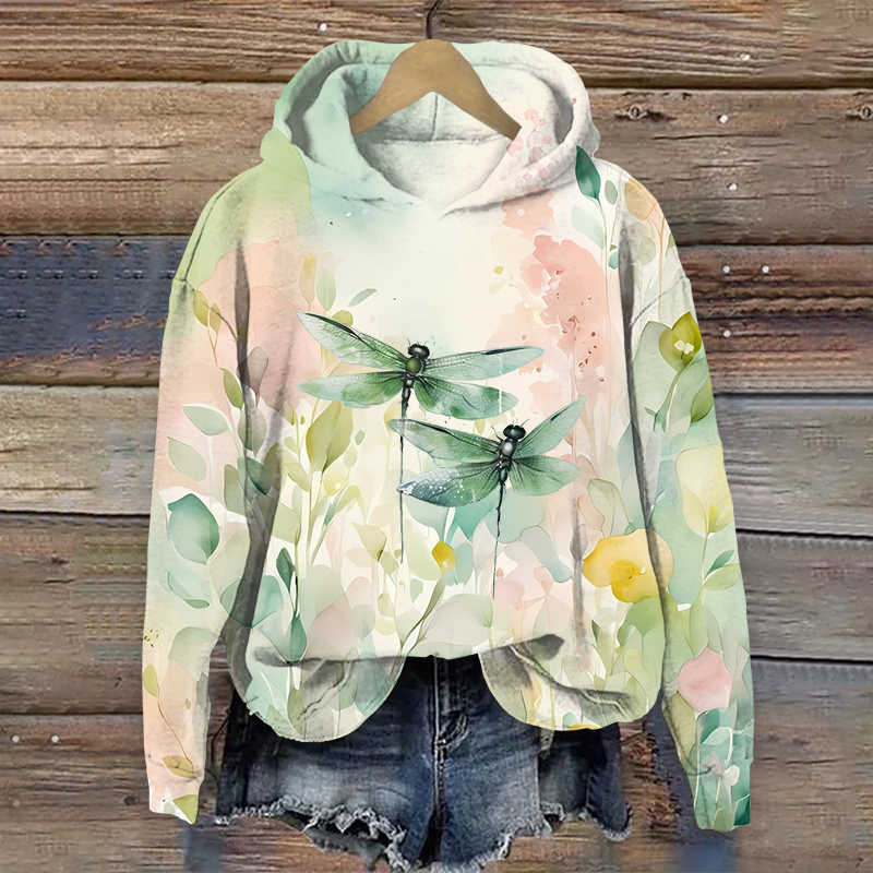 Cartoon Dragonfly & Colorful Flowers Art Print Long Sleeve Hoodie - Green - US44-46(8XL) - image 1