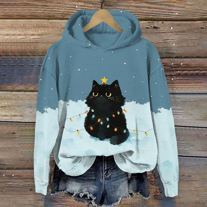 Black Cat Entangled With Colored Light Bulb Art Print Long Sleeve Hoodie - Blue - US44-46(8XL) - image 2