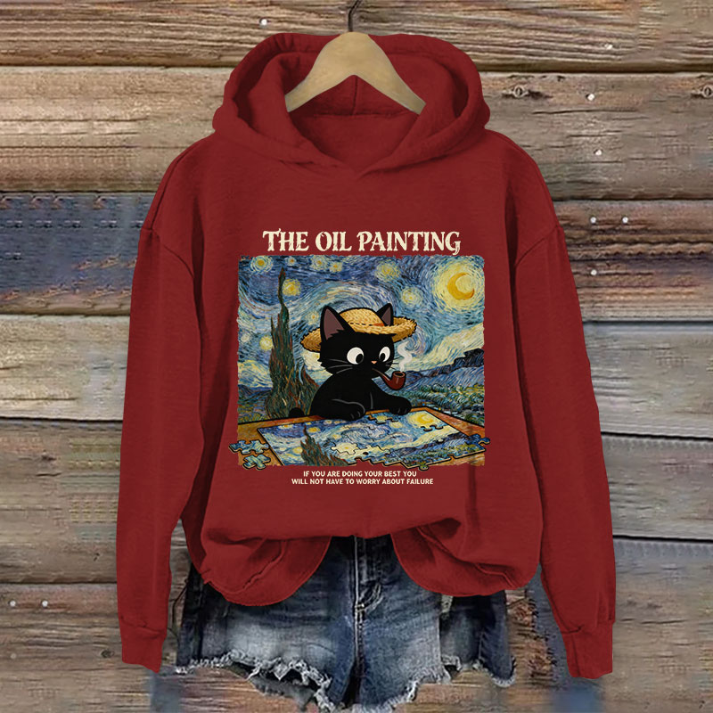 The Oil Painting Black Cat Pattern Art Print Long Sleeve Hoodie - Red - US44-46(8XL) - image 2