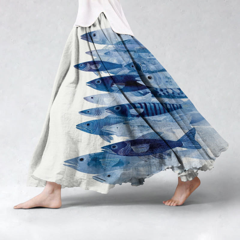 Ocean Sardine Art  Print Skirt - White - 5XL - image 1