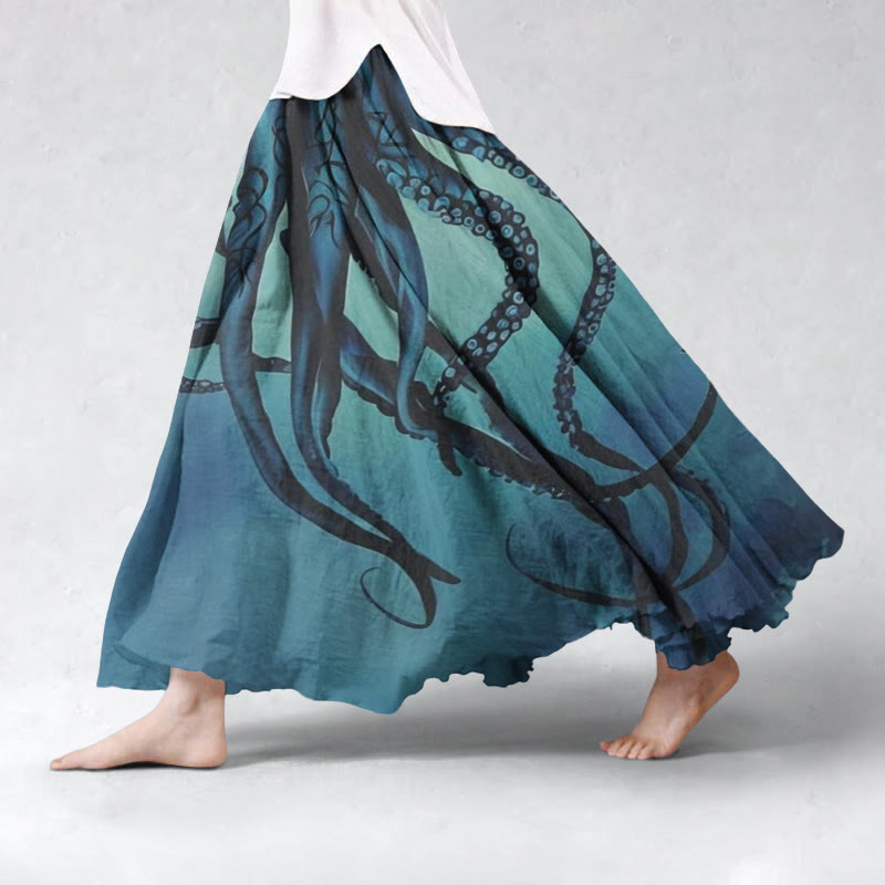  Women's Retro Art Octopus Pattern Print Skirt - Dark Green - 5XL - image 1