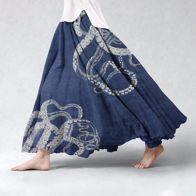 Retro Creative Art Octopus Pattern Print Skirt - Dark Blue - 5XL - image 1