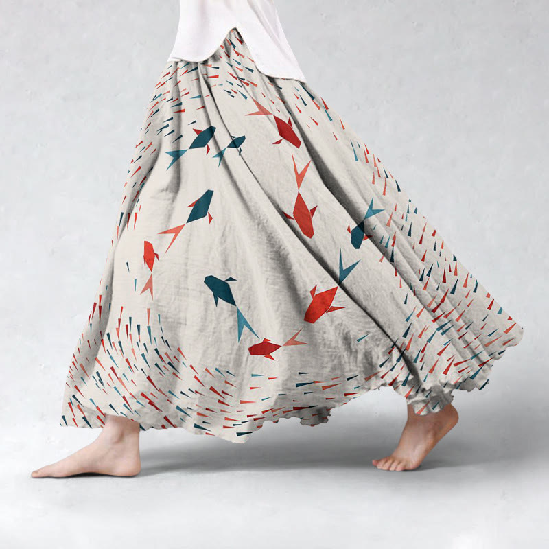 Fish Pattern Art Linen Blend Flowing Wide Skirt - Apricot - 5XL - image 1