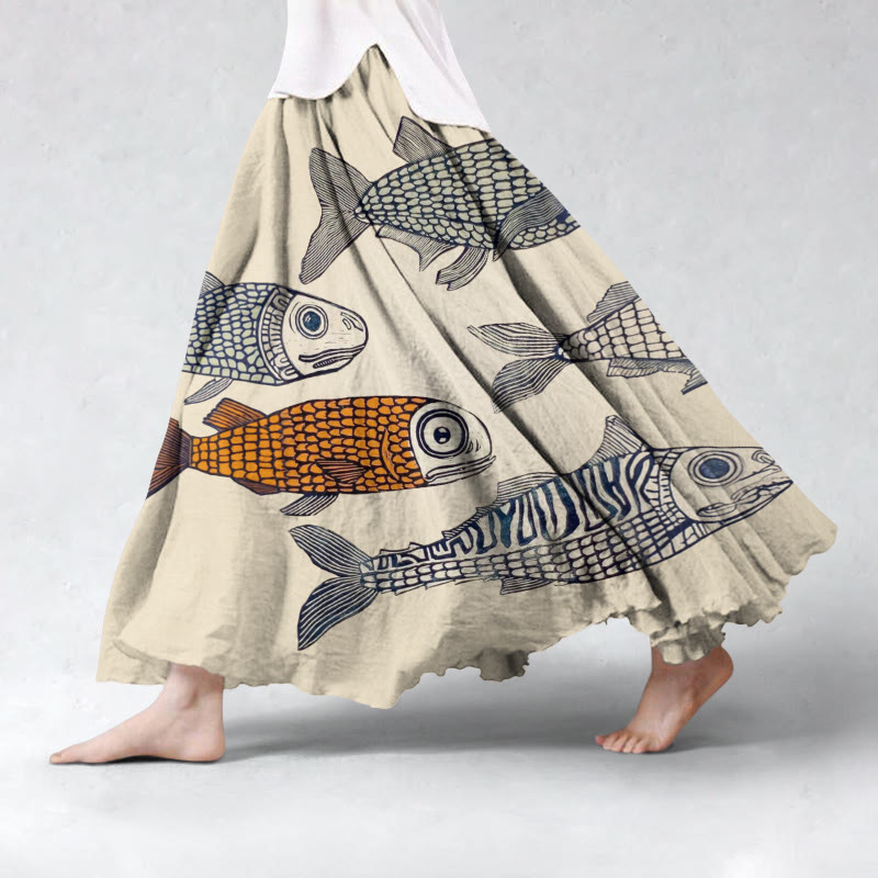 Vintage Fish Japanese Art Flowy Wide Skirt - Apricot - 5XL - image 1