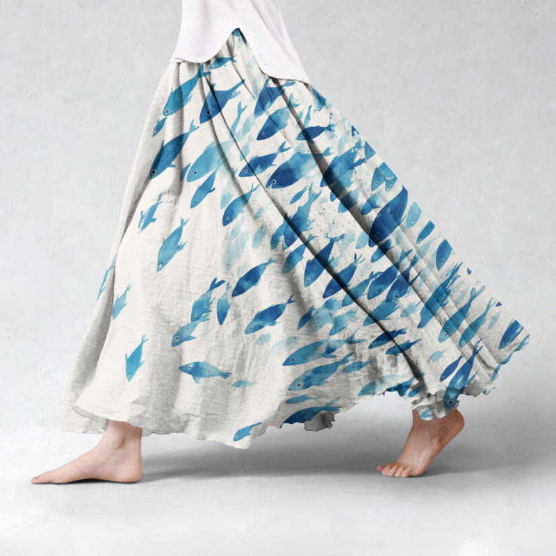 Retro Cute Underwater Fish Pattern Flowing Wide Skirt - White - 5XL - image 1