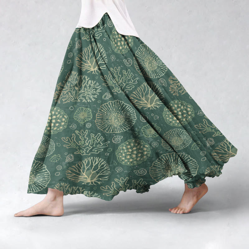 Retro Underwater Coral Art Patterns Flowing Wide Skirt - Green - 5XL - image 1