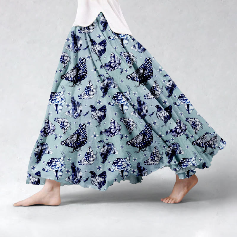  Retro Art Linen Blend Flowy Wide Skirt - Blue - 5XL - image 1