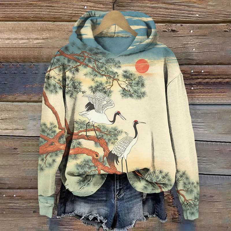 Japanese Vintage Sunrise White Crane On The Pine Tree Art Print Long Sleeve Hoodie - Apricot - US44-46(8XL) - image 1