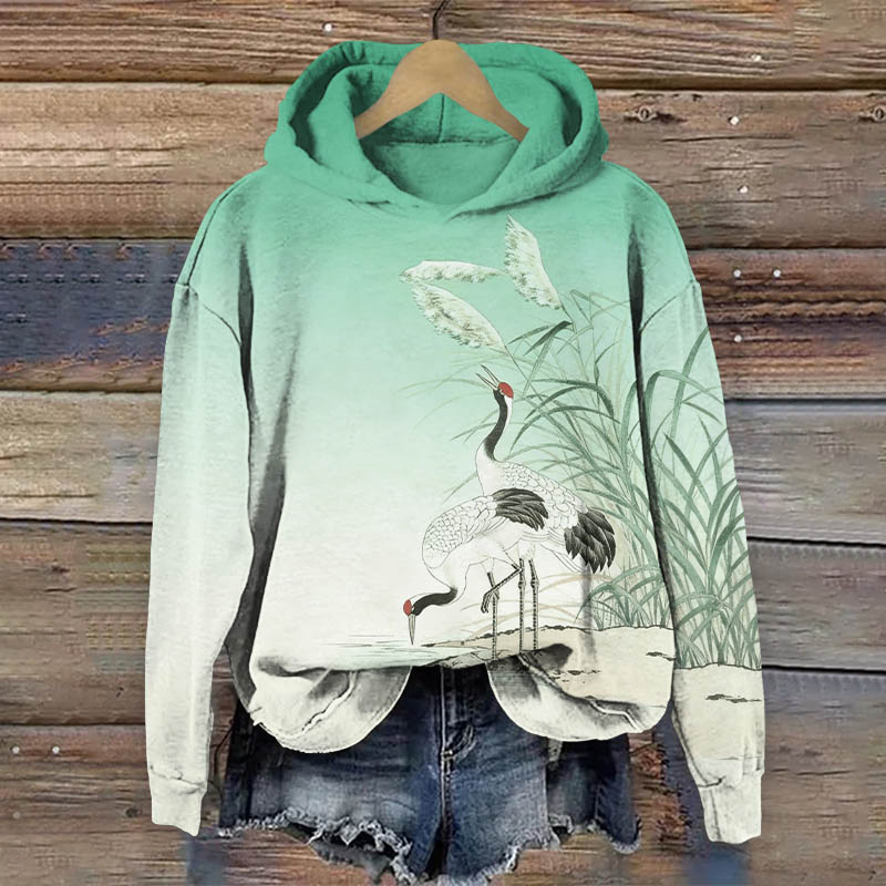 Vintage White Crane Resting By Reed Lake Art Print Long Sleeve Hoodie - Green - US44-46(8XL) - image 1
