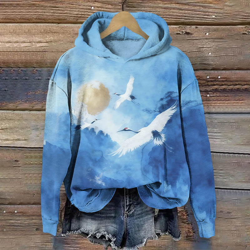 Oil Painting Flying White Cranes Art Print Long Sleeve Hoodie - Blue - US44-46(8XL) - image 1