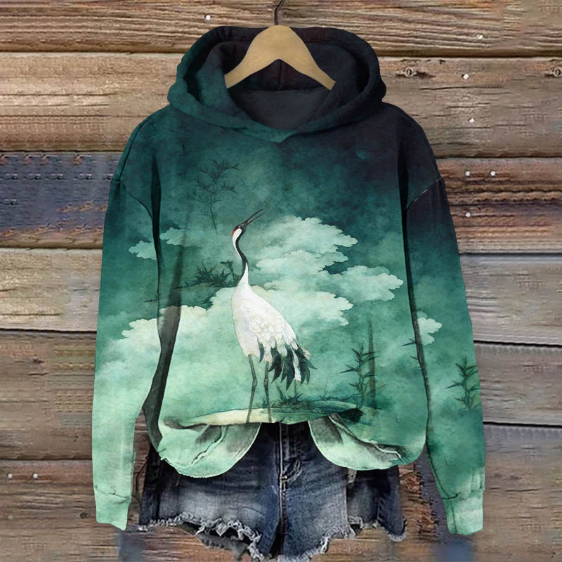 Retro Watercolor Elegant White Crane Art Print Long Sleeve Hoodie - Green - US44-46(8XL) - image 1