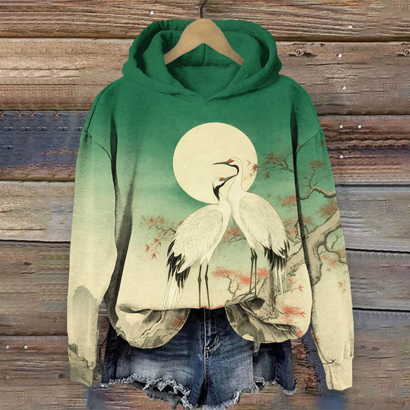 Loving Couple Cranes In The Moonlight Art Print Long Sleeve Hoodie - Green - US44-46(8XL) - image 2