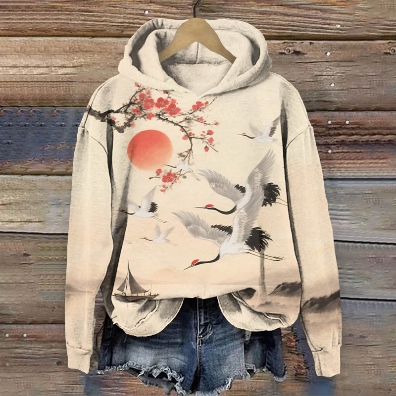Japanese Watercolor Painting Of Flying White Cranes Art Print Long Sleeve Hoodie - Apricot - US44-46(8XL) - image 1