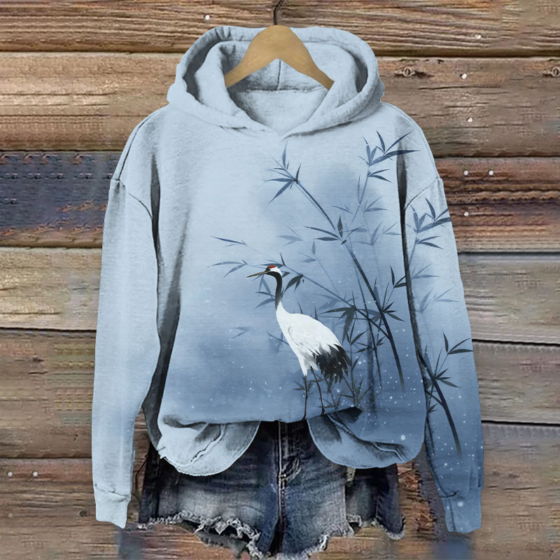Lonely Crane Walking Around Bamboo Art Print Long Sleeve Hoodie - Blue - US44-46(8XL) - image 2
