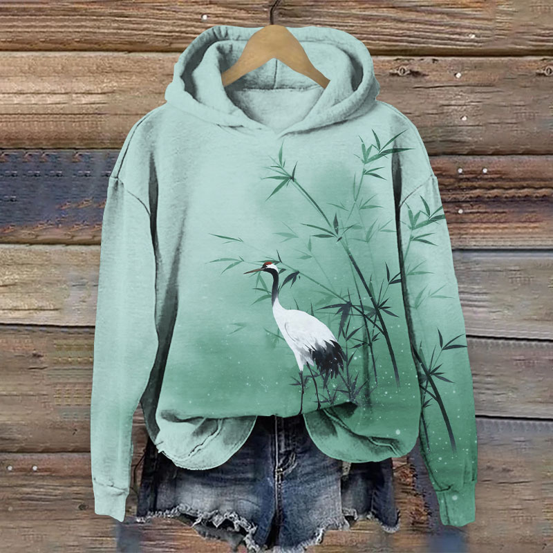 Lonely Crane Walking Around Bamboo Art Print Long Sleeve Hoodie - Green - US44-46(8XL) - image 1