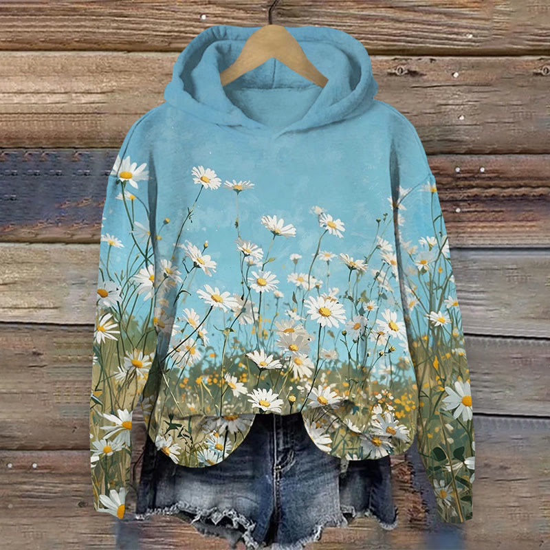 Watercolor Daisy Floral Art Pattern Print Long Sleeve Hoodie - Blue - US44-46(8XL) - image 1
