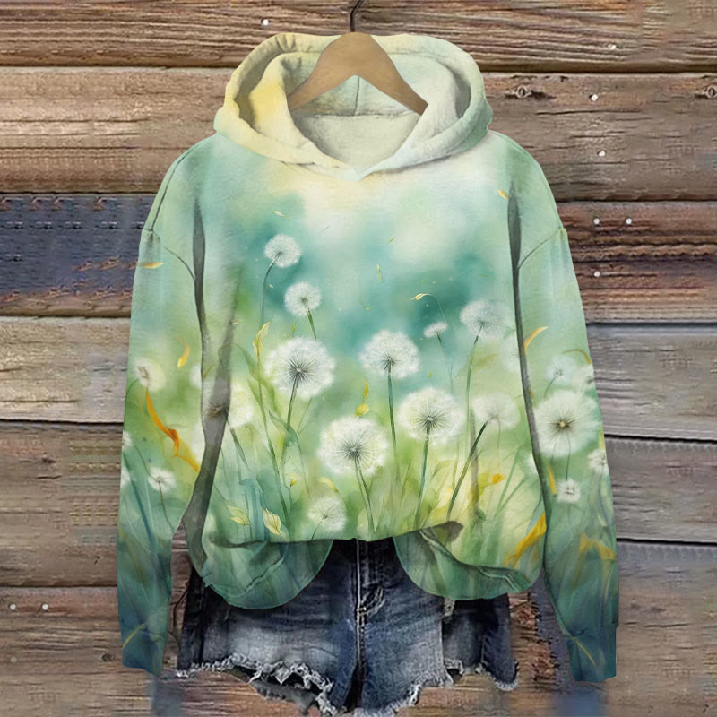 Dandelion Floral Gradient Pattern Long Sleeve Hoodie - Green - US44-46(8XL) - image 1