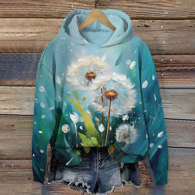 Dandelion Oil Painting Print Long Sleeve Hoodie - Blue - US44-46(8XL) - image 1