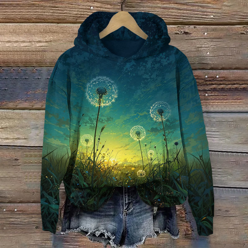 Starlight Oil Painting Floral Dandelion Art Print Long Sleeve Hoodie - Dark Blue - US44-46(8XL) - image 1