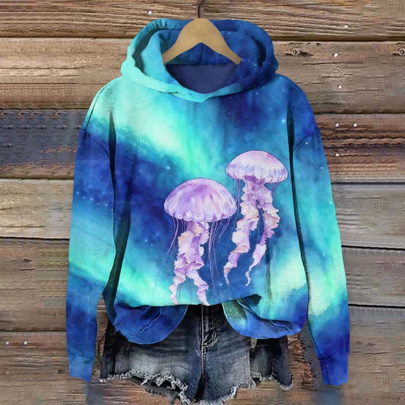  Aurora Jellyfish Art Print Long Sleeve Hoodie - Blue - US44-46(8XL) - image 1