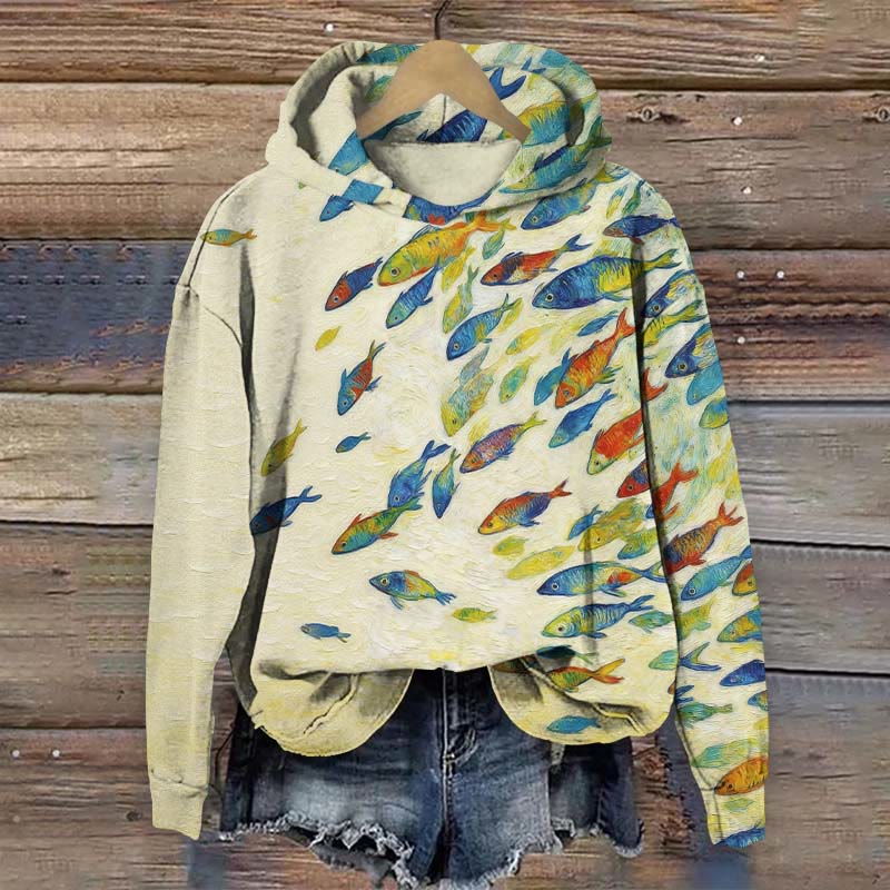  Artistic Ocean Colorful School Of Fish Art Print Long Sleeve Hoodie - Apricot - US44-46(8XL) - image 1