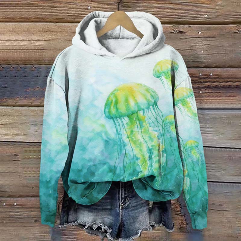  Ocean Aesthetic Watercolor Jellyfish Art Print Long Sleeve Hoodie - Green - US44-46(8XL) - image 2