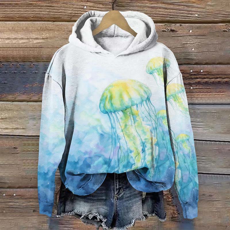  Ocean Aesthetic Watercolor Jellyfish Art Print Long Sleeve Hoodie - Blue - US44-46(8XL) - image 1