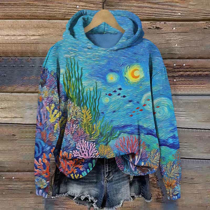  Artistic Coral Reef  Starry Ocean Design Art Print Long Sleeve Hoodie - Blue - US44-46(8XL) - image 1