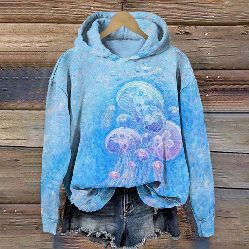  Pastel Jellyfish Art Print Long Sleeve Hoodie - Blue - US44-46(8XL) - image 1