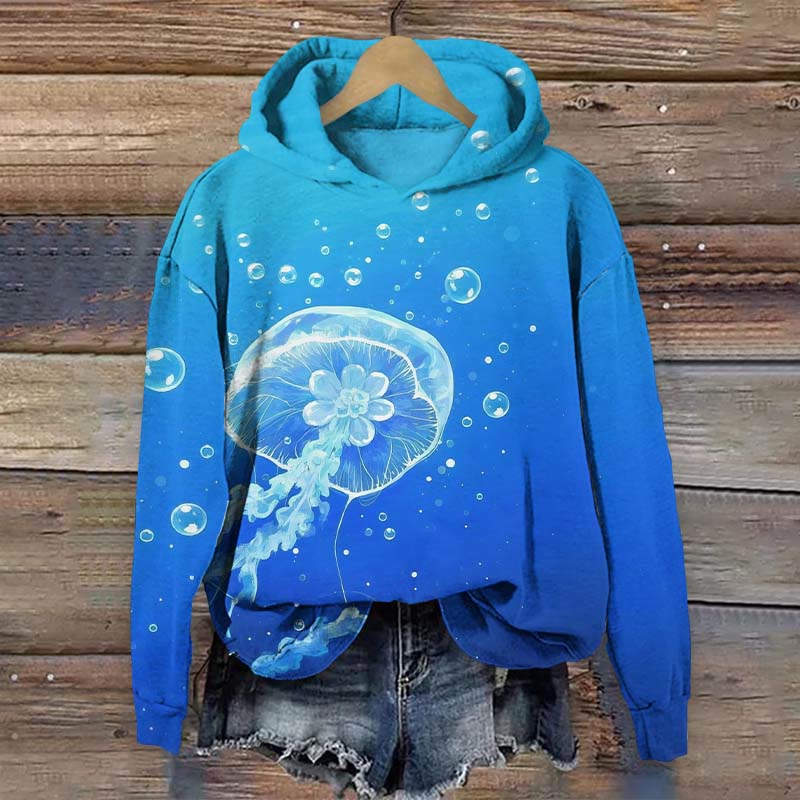 Vibrant Jellyfish & Bubbles Art Print Long Sleeve Hoodie - Blue - US44-46(8XL) - image 1