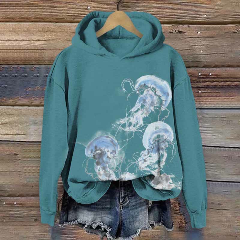  Unique Watercolor Jellyfish Art Print Long Sleeve Hoodie - Green - US44-46(8XL) - image 1