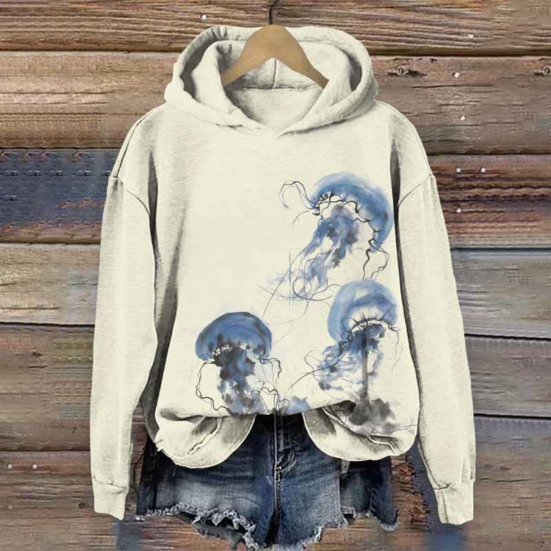  Unique Watercolor Jellyfish Art Print Long Sleeve Hoodie - Apricot - US44-46(8XL) - image 2