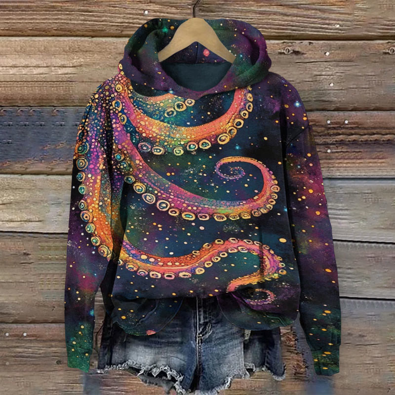 Starry Octopus Design Art Print Long Sleeve Hoodie - Multicolor - US44-46(8XL) - image 1