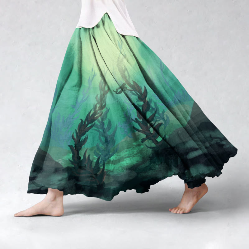 Deep Sea Seaweed Pattern Flowy Wide Skirt - Green - 5XL - image 1