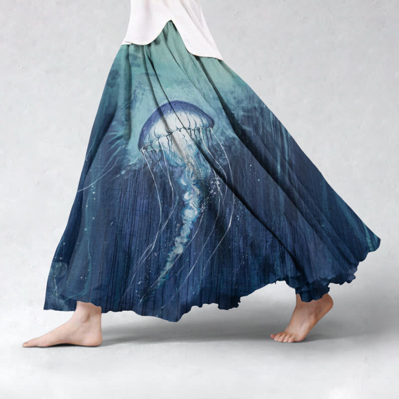 Retro Jellyfish Gradient Pattern Flowy Wide Skirt - Dark Blue - 5XL - image 1