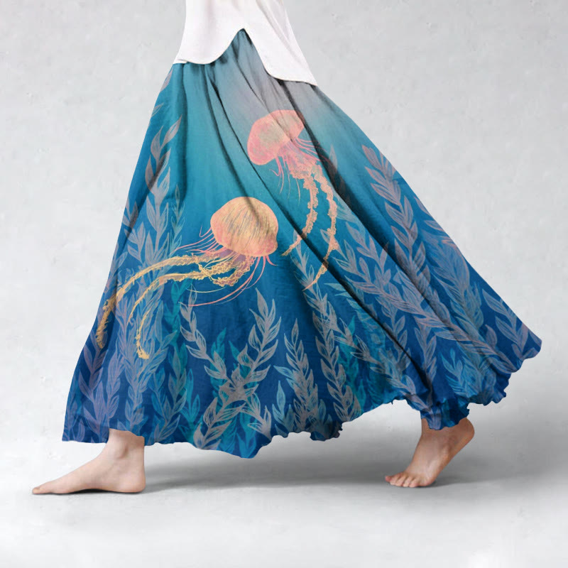Deep Sea Jellyfish And Seaweed Art Print Flowy Wide Skirt - Blue - 5XL - image 1