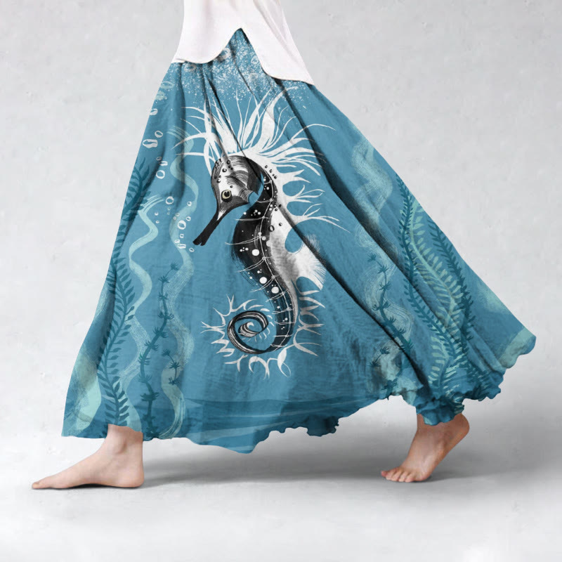 Seahorse And Seaweed Art Print Flowy Wide Skirt - Blue - 5XL - image 1