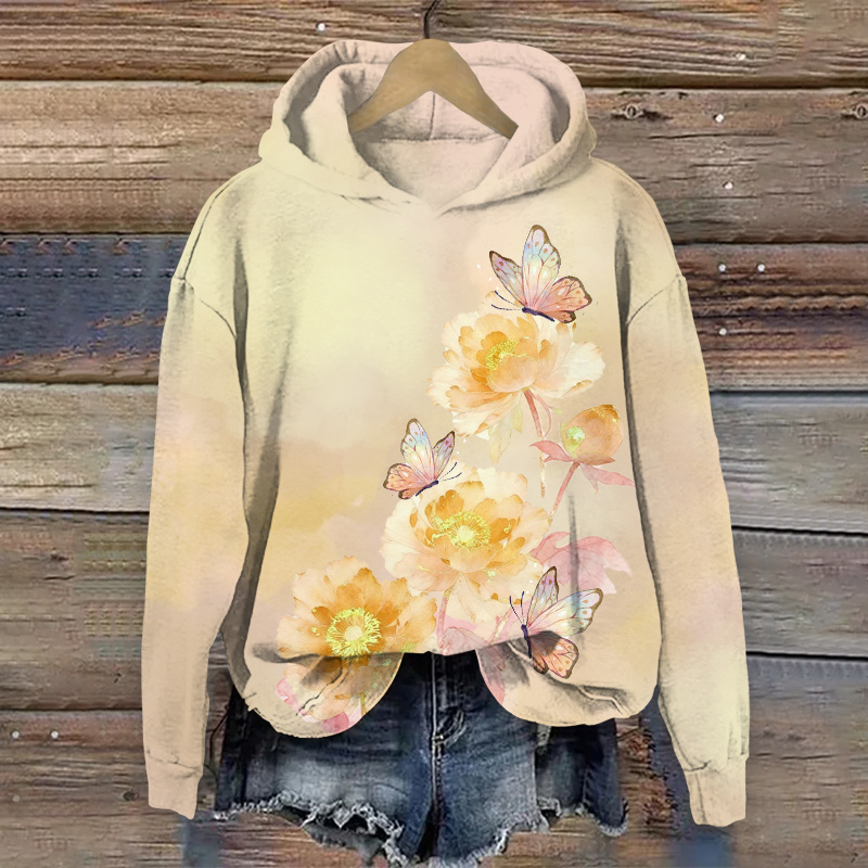 Vintage Watercolor Flowers & Butterfly  Art Print Long Sleeve Hoodie - Yellow - US44-46(8XL) - image 2